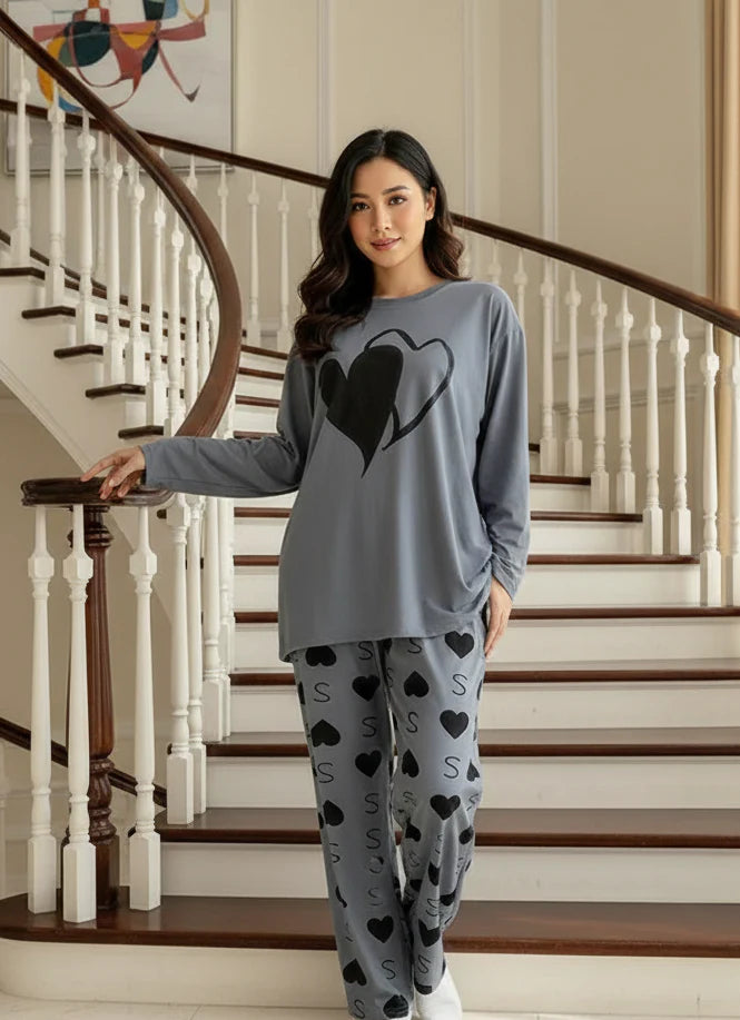 Double Heart Gray Printed Night Suite