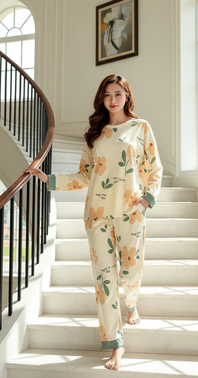 Orange Flower Printed Night suite