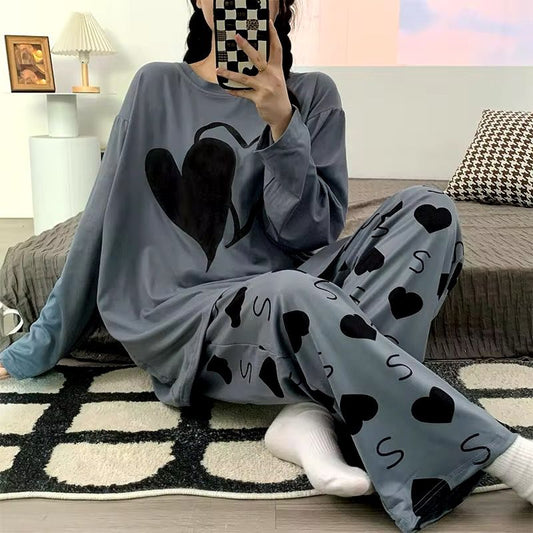 Double Heart  Gray Printed Night Suite