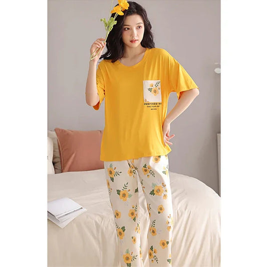 Yellow Pocket Printed Night Suite