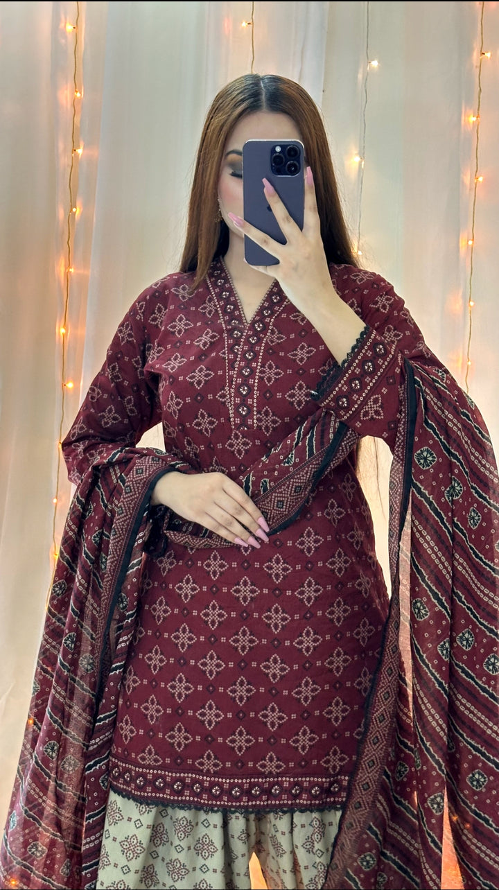 Ajrak Mehroon (Farshi Shlwar) Digital 3 PCs